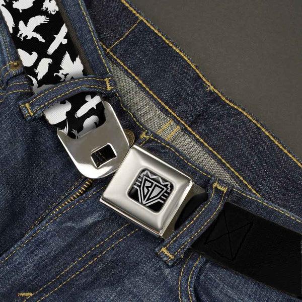 Buckle-Down BD Wings Logo CLOSE-UP Full Color Black Silver Seatbelt Belt - Eagle Silhouettes Scattered Black/White Webbing
