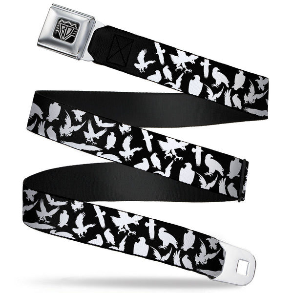 Buckle-Down BD Wings Logo CLOSE-UP Full Color Black Silver Seatbelt Belt - Eagle Silhouettes Scattered Black/White Webbing