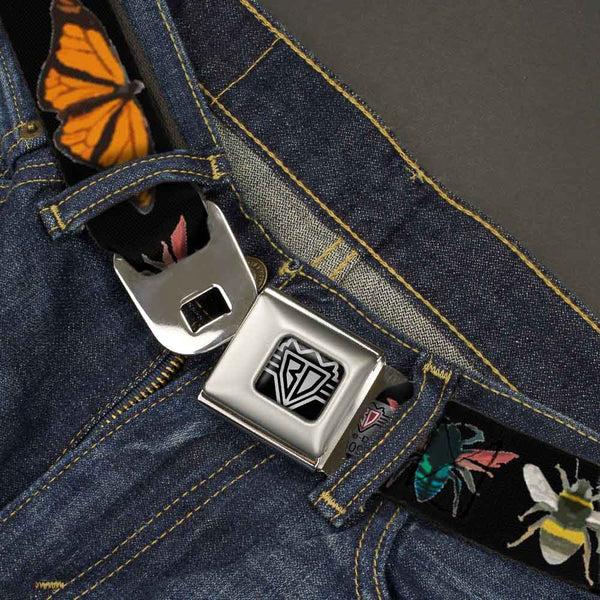 Buckle-Down BD Wings Logo CLOSE-UP Full Color Black Silver Seatbelt Belt - Insects CLOSE-UP Black Webbing