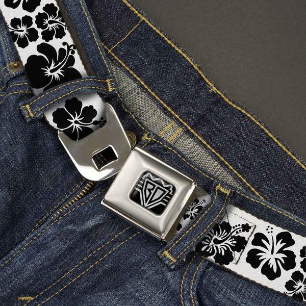 Buckle-Down BD Wings Logo CLOSE-UP Full Color Black Silver Seatbelt Belt - Hibiscus White/Black Webbing