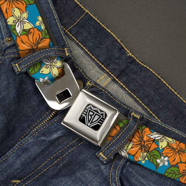 Buckle-Down BD Wings Logo CLOSE-UP Full Color Black Silver Seatbelt Belt - Hibiscus Collage Blue/Orange/Yellow Webbing