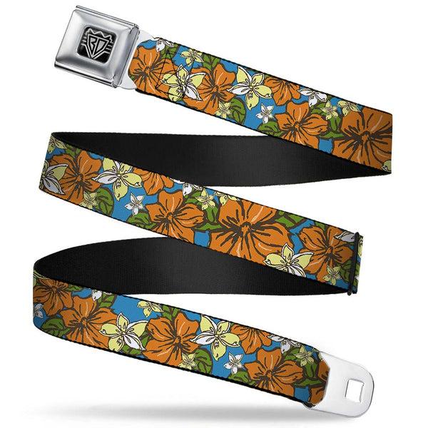 Buckle-Down BD Wings Logo CLOSE-UP Full Color Black Silver Seatbelt Belt - Hibiscus Collage Blue/Orange/Yellow Webbing