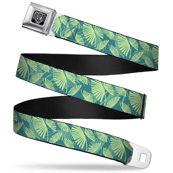 Buckle-Down BD Wings Logo CLOSE-UP Full Color Black Silver Seatbelt Belt - Palm Leaves Stacked Pastel Greens Webbing