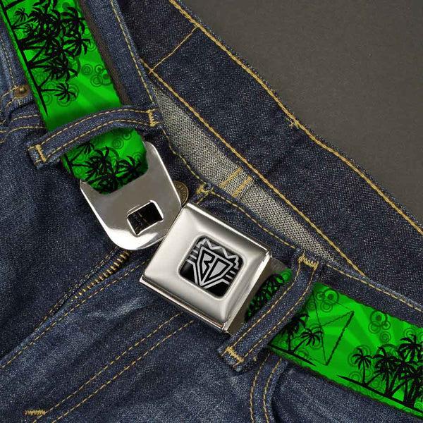 Buckle-Down BD Wings Logo CLOSE-UP Full Color Black Silver Seatbelt Belt - Palm Trees Greens/Black Webbing