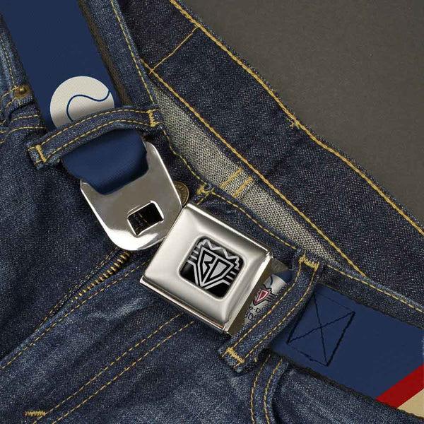 Buckle-Down BD Wings Logo CLOSE-UP Full Color Black Silver Seatbelt Belt - Ball/Stripes Tan/Blue/Burgundy Webbing