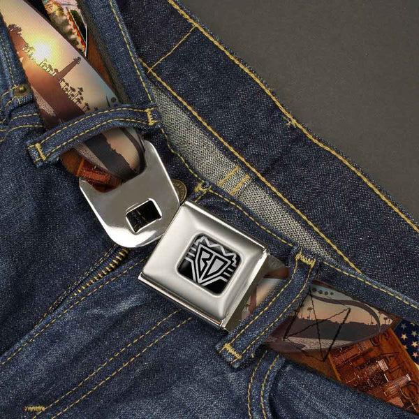 Buckle-Down BD Wings Logo CLOSE-UP Full Color Black Silver Seatbelt Belt - Surfboard Cali Scenes/US Flag Stacked Brown Webbing