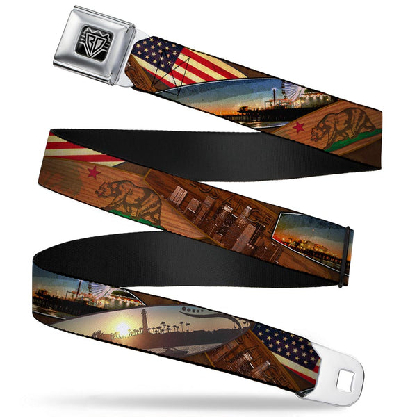 Buckle-Down BD Wings Logo CLOSE-UP Full Color Black Silver Seatbelt Belt - Surfboard Cali Scenes/US Flag Stacked Brown Webbing