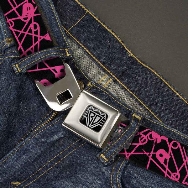 Buckle-Down BD Wings Logo CLOSE-UP Full Color Black Silver Seatbelt Belt - Safety Pins Black/Fuchsia Webbing