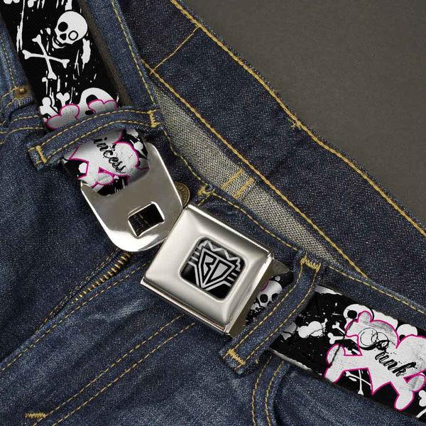Buckle-Down BD Wings Logo CLOSE-UP Full Color Black Silver Seatbelt Belt - Punk Princess Heart & Cross Bones W/Skulls & Splatter Black/White Webbing