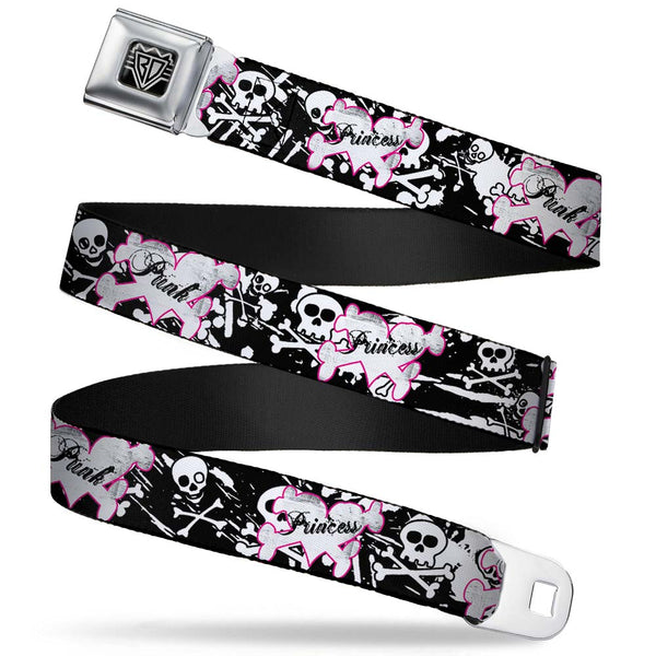 Buckle-Down BD Wings Logo CLOSE-UP Full Color Black Silver Seatbelt Belt - Punk Princess Heart & Cross Bones w/Skulls & Splatter Black/White Webbing