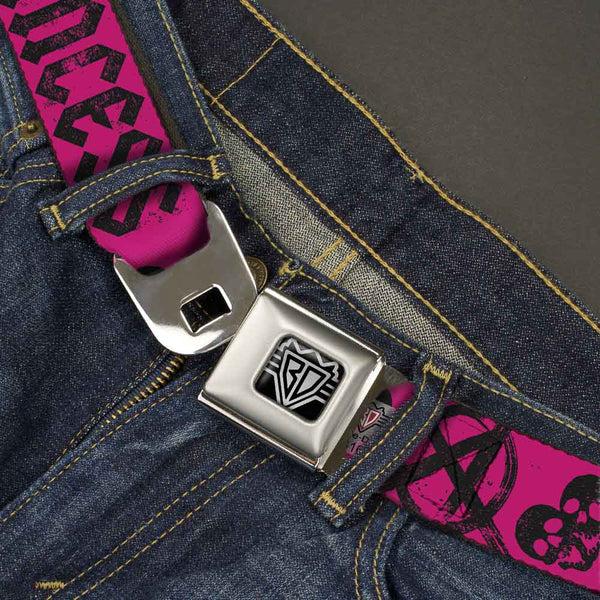 Buckle-Down BD Wings Logo CLOSE-UP Full Color Black Silver Seatbelt Belt - Punk Princess Fuchsia/Black Webbing