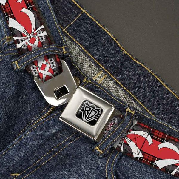 Buckle-Down BD Wings Logo CLOSE-UP Full Color Black Silver Seatbelt Belt - Corset Lace Up W/Bow Red Plaid/Red Webbing