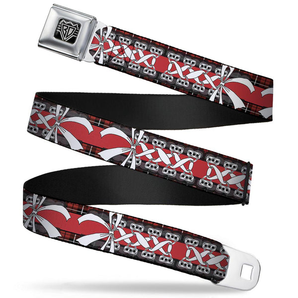 Buckle-Down BD Wings Logo CLOSE-UP Full Color Black Silver Seatbelt Belt - Corset Lace Up w/Bow Red Plaid/Red Webbing