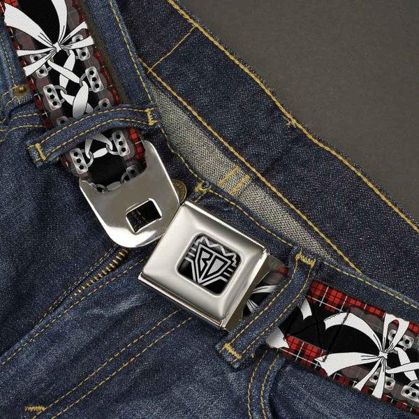 Buckle-Down BD Wings Logo CLOSE-UP Full Color Black Silver Seatbelt Belt - Corset Lace Up W/Bow Red Plaid/Black Webbing