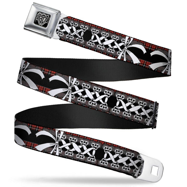 Buckle-Down BD Wings Logo CLOSE-UP Full Color Black Silver Seatbelt Belt - Corset Lace Up w/Bow Red Plaid/Black Webbing