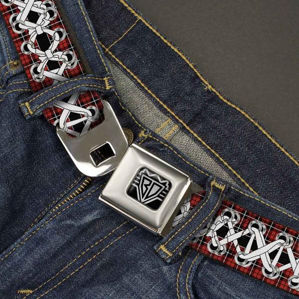 Buckle-Down BD Wings Logo CLOSE-UP Full Color Black Silver Seatbelt Belt - Corset Lace Up Red Plaid/Black Webbing