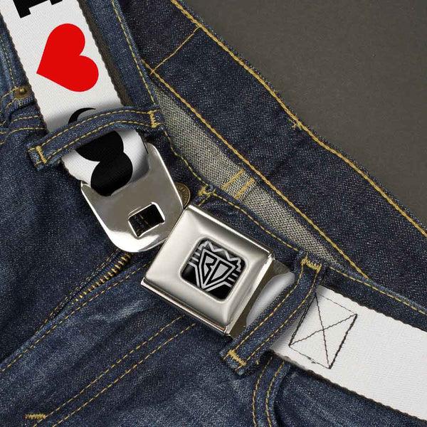 Buckle-Down BD Wings Logo CLOSE-UP Full Color Black Silver Seatbelt Belt - I "Heart Mustache" White/Black/Red Webbing