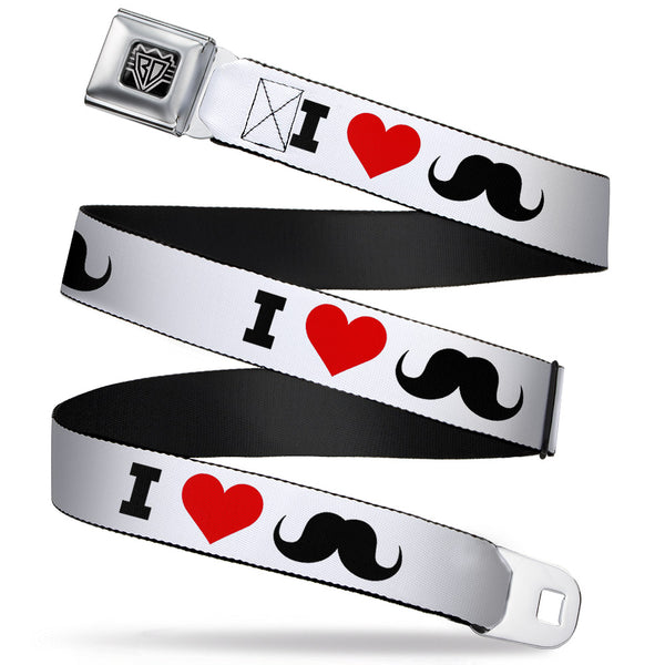 Buckle-Down BD Wings Logo CLOSE-UP Full Color Black Silver Seatbelt Belt - I "Heart Mustache" White/Black/Red Webbing