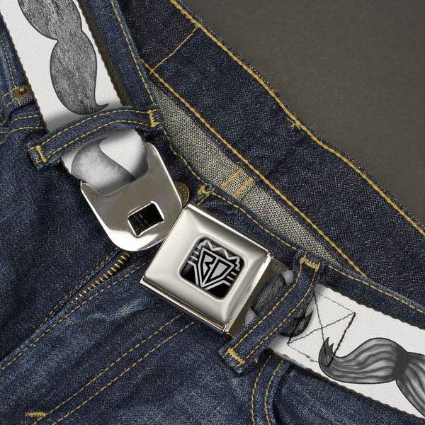 Buckle-Down BD Wings Logo CLOSE-UP Full Color Black Silver Seatbelt Belt - Mustaches White/Sketch Webbing