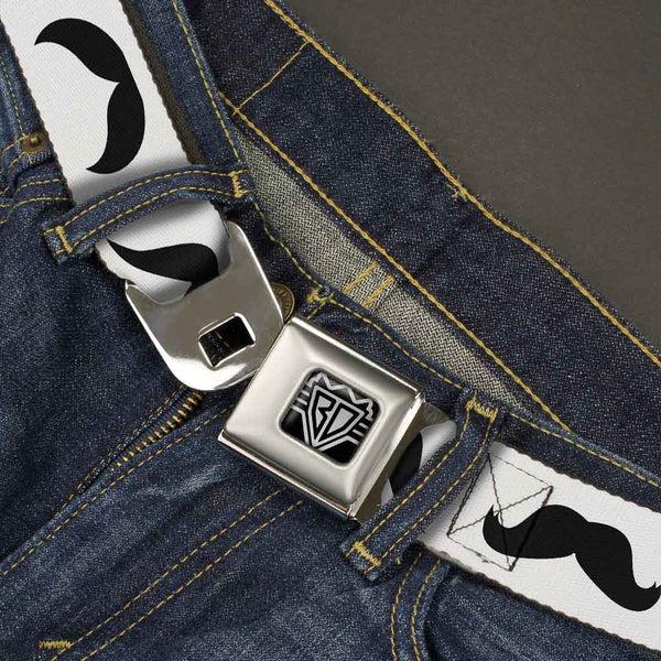 Buckle-Down BD Wings Logo CLOSE-UP Full Color Black Silver Seatbelt Belt - Mustaches Straight White/Black Webbing
