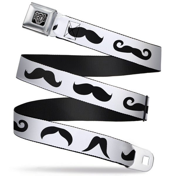 Buckle-Down BD Wings Logo CLOSE-UP Full Color Black Silver Seatbelt Belt - Mustaches Straight White/Black Webbing