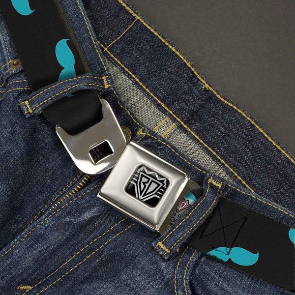 Buckle-Down BD Wings Logo CLOSE-UP Full Color Black Silver Seatbelt Belt - Mustaches Scattered Black/Turquoise Webbing