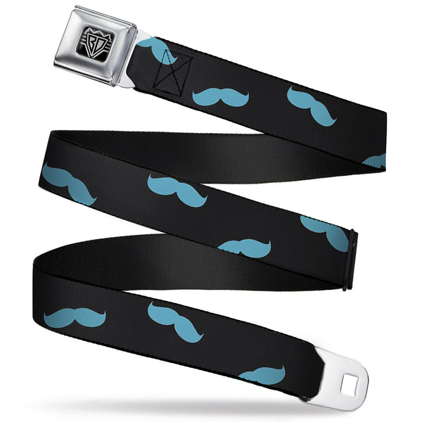 Buckle-Down BD Wings Logo CLOSE-UP Full Color Black Silver Seatbelt Belt - Mustaches Scattered Black/Turquoise Webbing