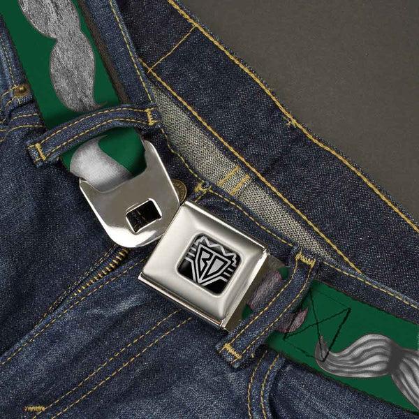 Buckle-Down BD Wings Logo CLOSE-UP Full Color Black Silver Seatbelt Belt - Mustaches Green/Sketch Webbing