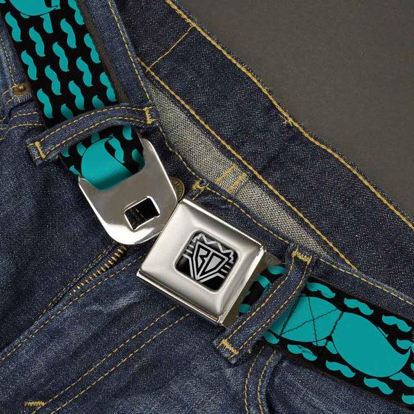 Buckle-Down BD Wings Logo CLOSE-UP Full Color Black Silver Seatbelt Belt - Mustaches Mini/Single Repeat Black/Turquoise Webbing
