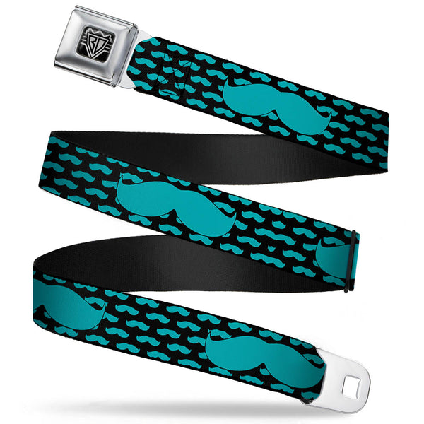 Buckle-Down BD Wings Logo CLOSE-UP Full Color Black Silver Seatbelt Belt - Mustaches Mini/Single Repeat Black/Turquoise Webbing