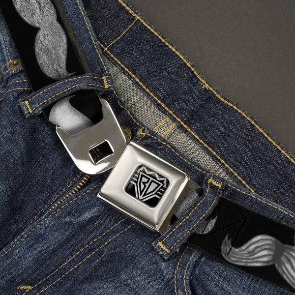 Buckle-Down BD Wings Logo CLOSE-UP Full Color Black Silver Seatbelt Belt - Mustaches Black/Sketch Webbing