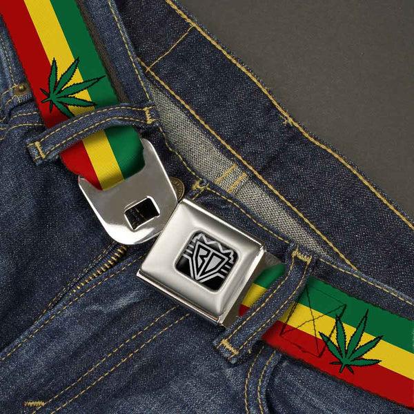Buckle-Down BD Wings Logo CLOSE-UP Full Color Black Silver Seatbelt Belt - Mustache Trio White/Black Webbing
