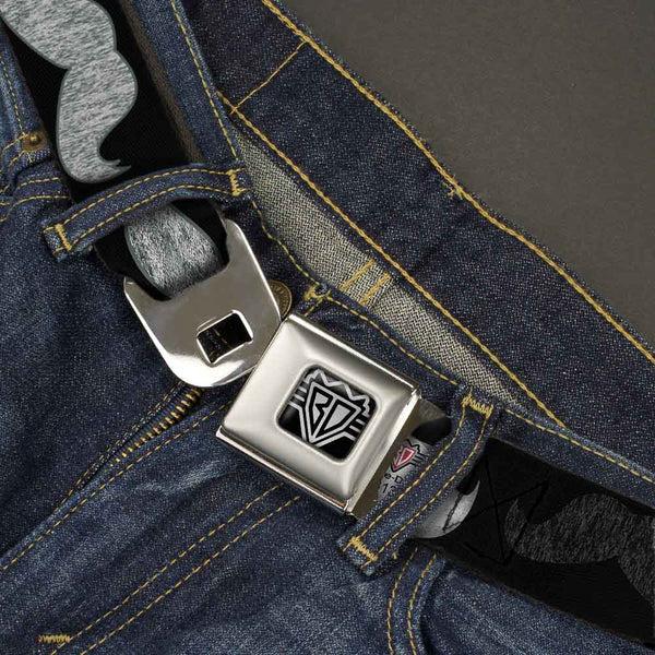 Buckle-Down BD Wings Logo CLOSE-UP Full Color Black Silver Seatbelt Belt - Mustache Sketch Black/White Webbing