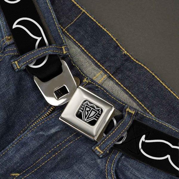 Buckle-Down BD Wings Logo CLOSE-UP Full Color Black Silver Seatbelt Belt - Mustache Outlines Black/White Webbing