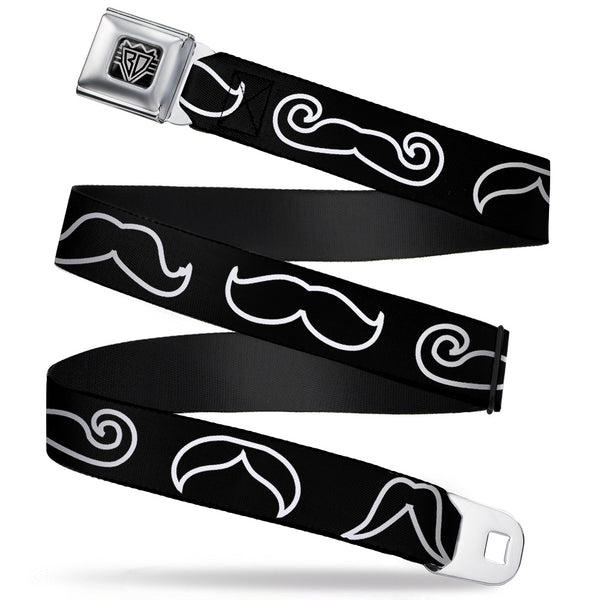 Buckle-Down BD Wings Logo CLOSE-UP Full Color Black Silver Seatbelt Belt - Mustache Outlines Black/White Webbing