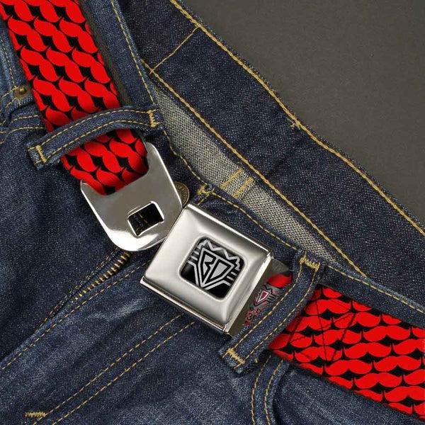 Buckle-Down BD Wings Logo CLOSE-UP Full Color Black Silver Seatbelt Belt - Mustache Monogram Black/Red Webbing
