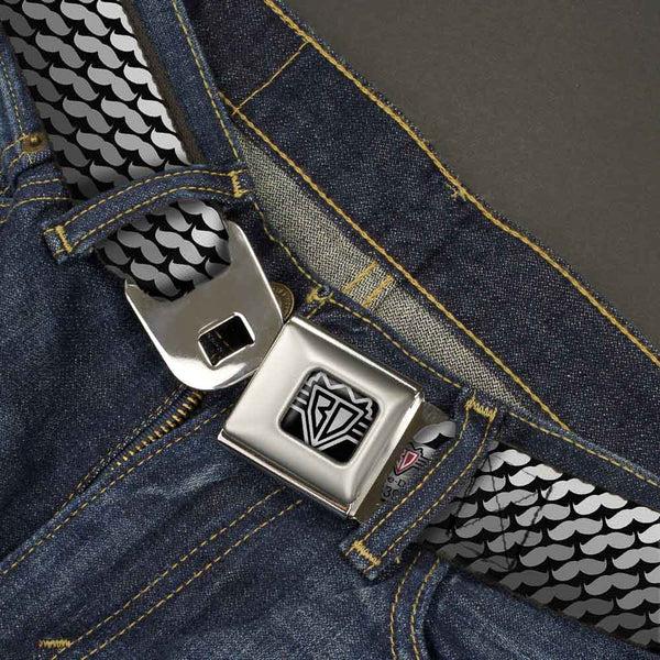 Buckle-Down BD Wings Logo CLOSE-UP Full Color Black Silver Seatbelt Belt - Mustache Monogram Black/Grays Webbing