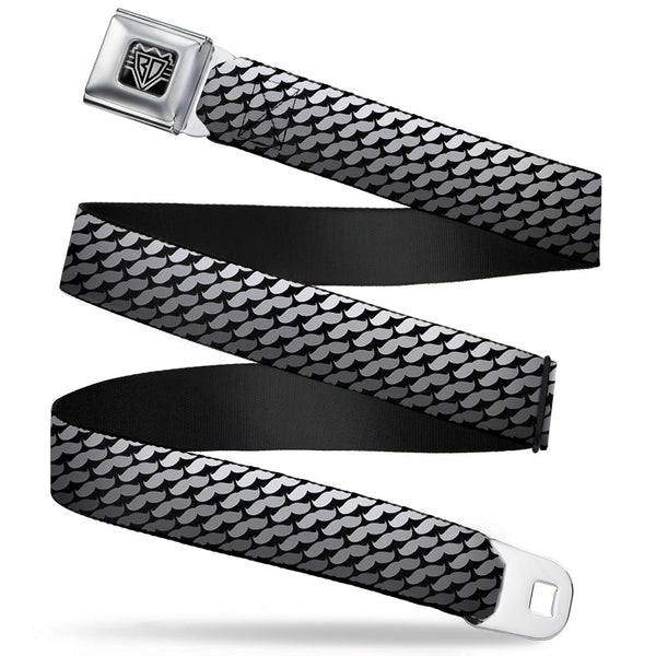 Buckle-Down BD Wings Logo CLOSE-UP Full Color Black Silver Seatbelt Belt - Mustache Monogram Black/Grays Webbing