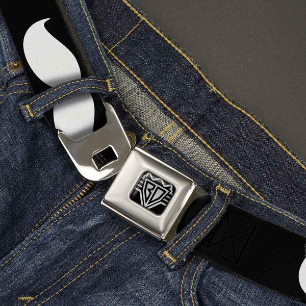Buckle-Down BD Wings Logo CLOSE-UP Full Color Black Silver Seatbelt Belt - Mustache Black/White Webbing