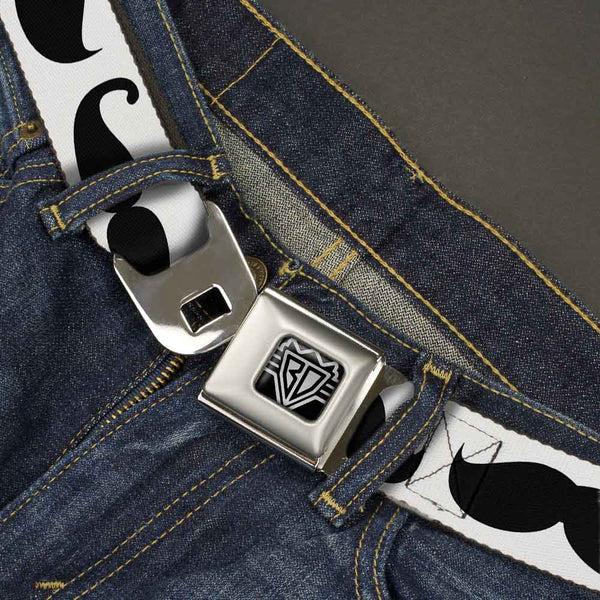 Buckle-Down BD Wings Logo CLOSE-UP Full Color Black Silver Seatbelt Belt - Multi Mustaches Sketch White/Black Webbing