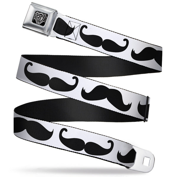 Buckle-Down BD Wings Logo CLOSE-UP Full Color Black Silver Seatbelt Belt - Multi Mustaches Sketch White/Black Webbing