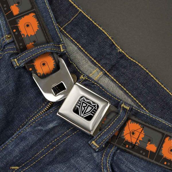 Buckle-Down BD Wings Logo CLOSE-UP Full Color Black Silver Seatbelt Belt - Cassette Splatter Gray/Orange Webbing