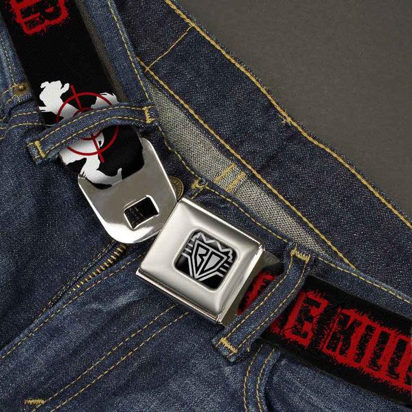 Buckle-Down BD Wings Logo CLOSE-UP Full Color Black Silver Seatbelt Belt - ZOMBIE KILLER Zombie Target Black/White/Red Webbing