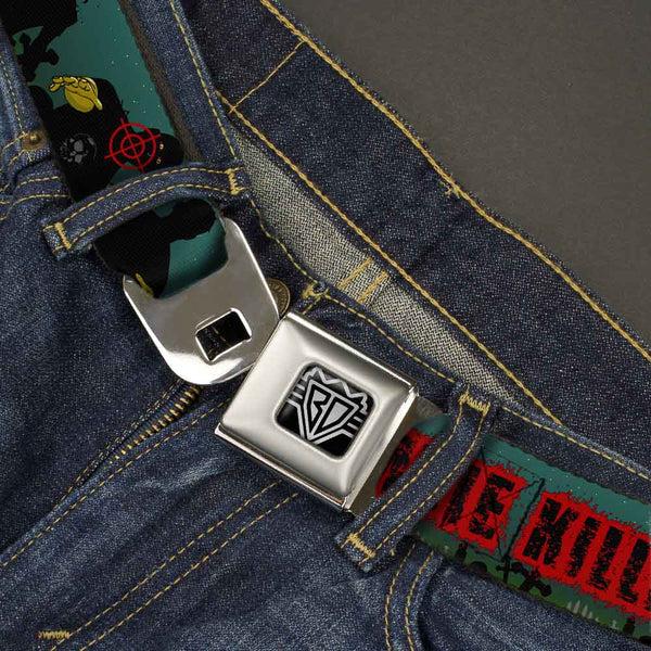 Buckle-Down BD Wings Logo CLOSE-UP Full Color Black Silver Seatbelt Belt - ZOMBIE KILLER Zombie March Green/Red/Black Webbing
