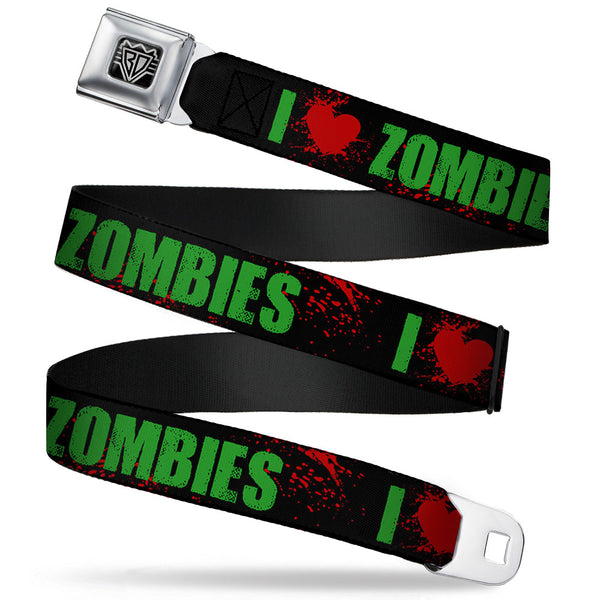 Buckle-Down BD Wings Logo CLOSE-UP Full Color Black Silver Seatbelt Belt - I "Heart" ZOMBIES Bold Splatter Black/Green/Red Webbing