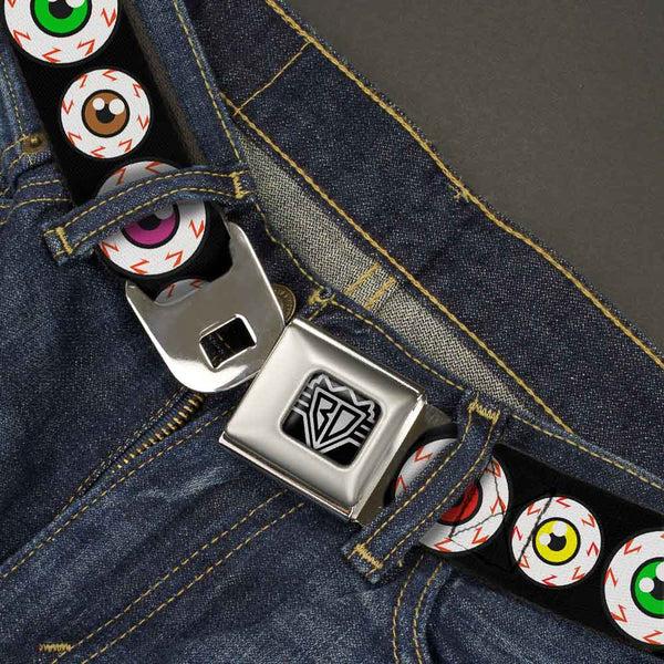Buckle-Down BD Wings Logo CLOSE-UP Full Color Black Silver Seatbelt Belt - Eyeballs Black/Multi Color Webbing