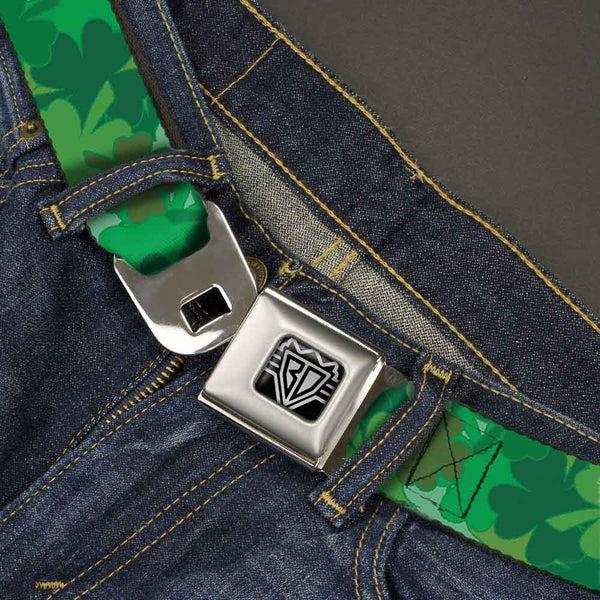 Buckle-Down BD Wings Logo CLOSE-UP Full Color Black Silver Seatbelt Belt - St. Pat's Stacked Shamrocks Greens Webbing