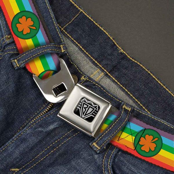 Buckle-Down BD Wings Logo CLOSE-UP Full Color Black Silver Seatbelt Belt - St. Pat's Rainbow/Coins Webbing