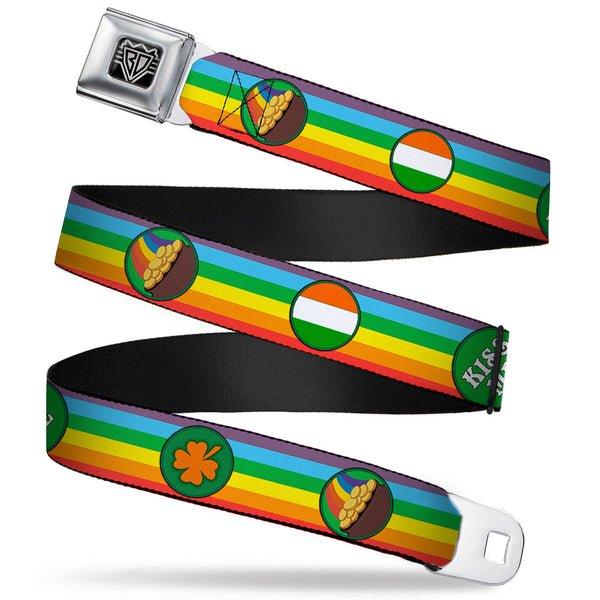 Buckle-Down BD Wings Logo CLOSE-UP Full Color Black Silver Seatbelt Belt - St. Pat's Rainbow/Coins Webbing
