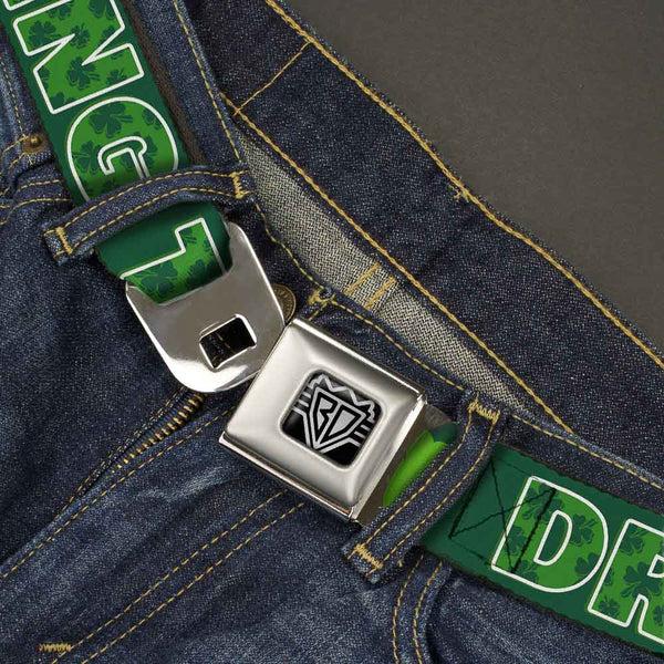 Buckle-Down BD Wings Logo CLOSE-UP Full Color Black Silver Seatbelt Belt - St. Pat's DRINKING TEAM/Shamrocks Black/Green/White Webbing